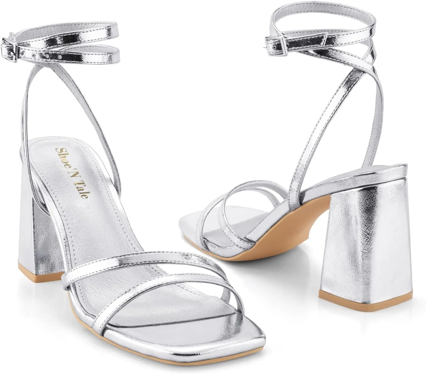 Shoe'N Tale Strappy Heels for Women Square Toe Chunky Block Heels Square Toe Ankle Strap Sandals