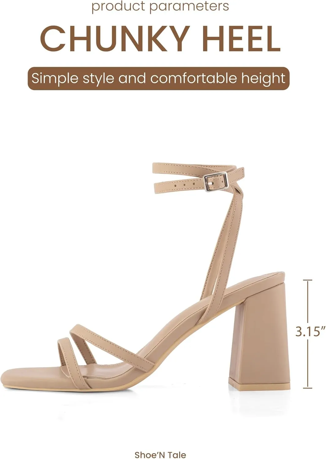 Shoe'N Tale Strappy Heels for Women Square Toe Chunky Block Heels Square Toe Ankle Strap Sandals