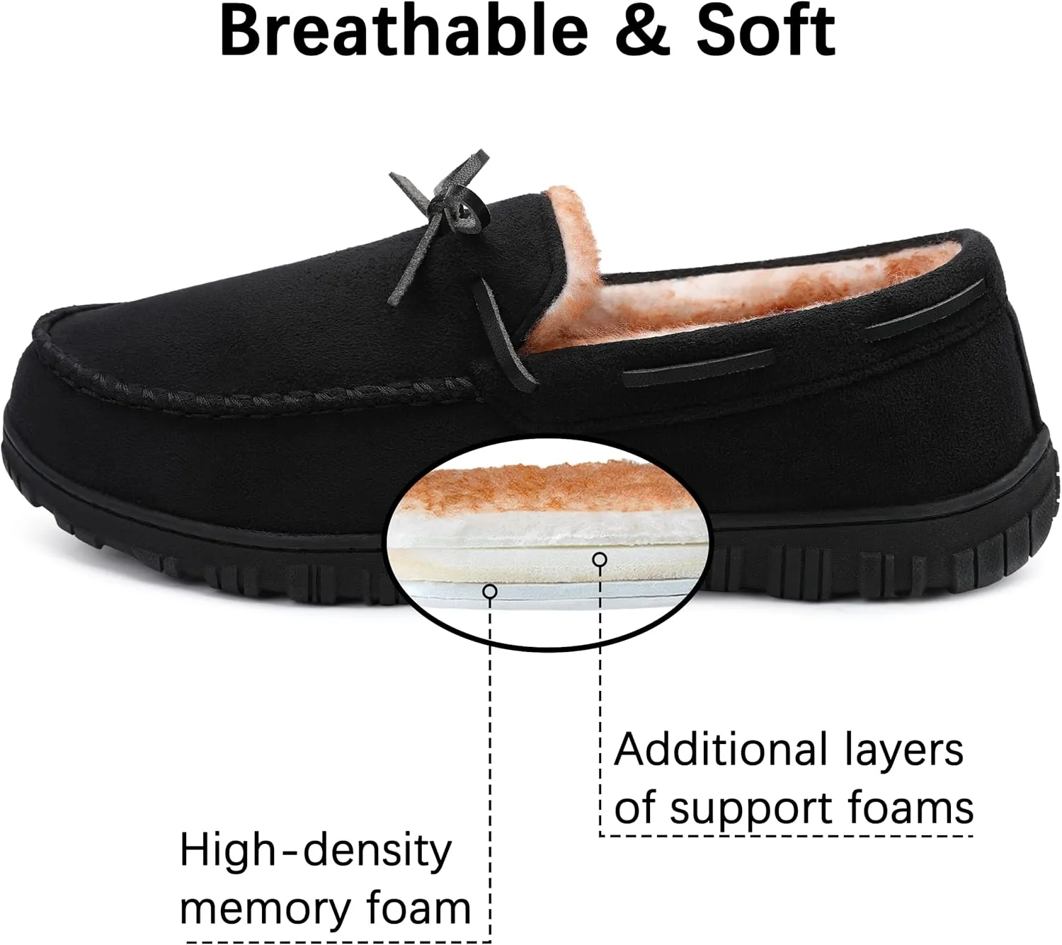 shoeslocker Men's Warm Soft Plush Memory Foam House Moccasin Slippers - Comfortable Non-Slip Indoor/Outdoor - Black, Beige, Brown