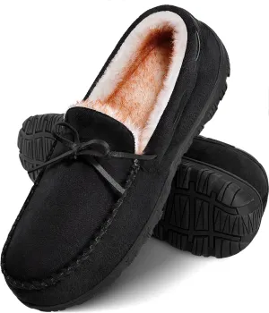 shoeslocker Men's Warm Soft Plush Memory Foam House Moccasin Slippers - Comfortable Non-Slip Indoor/Outdoor - Black, Beige, Brown