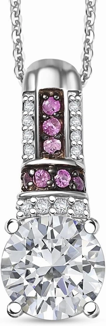 SHOP LC DELIVERING JOY Moissanite and Pink Sapphire 1.80 ctw Pendant Necklace in Rhodium Plated Sterling Silver 20 Inches Birthday Gifts