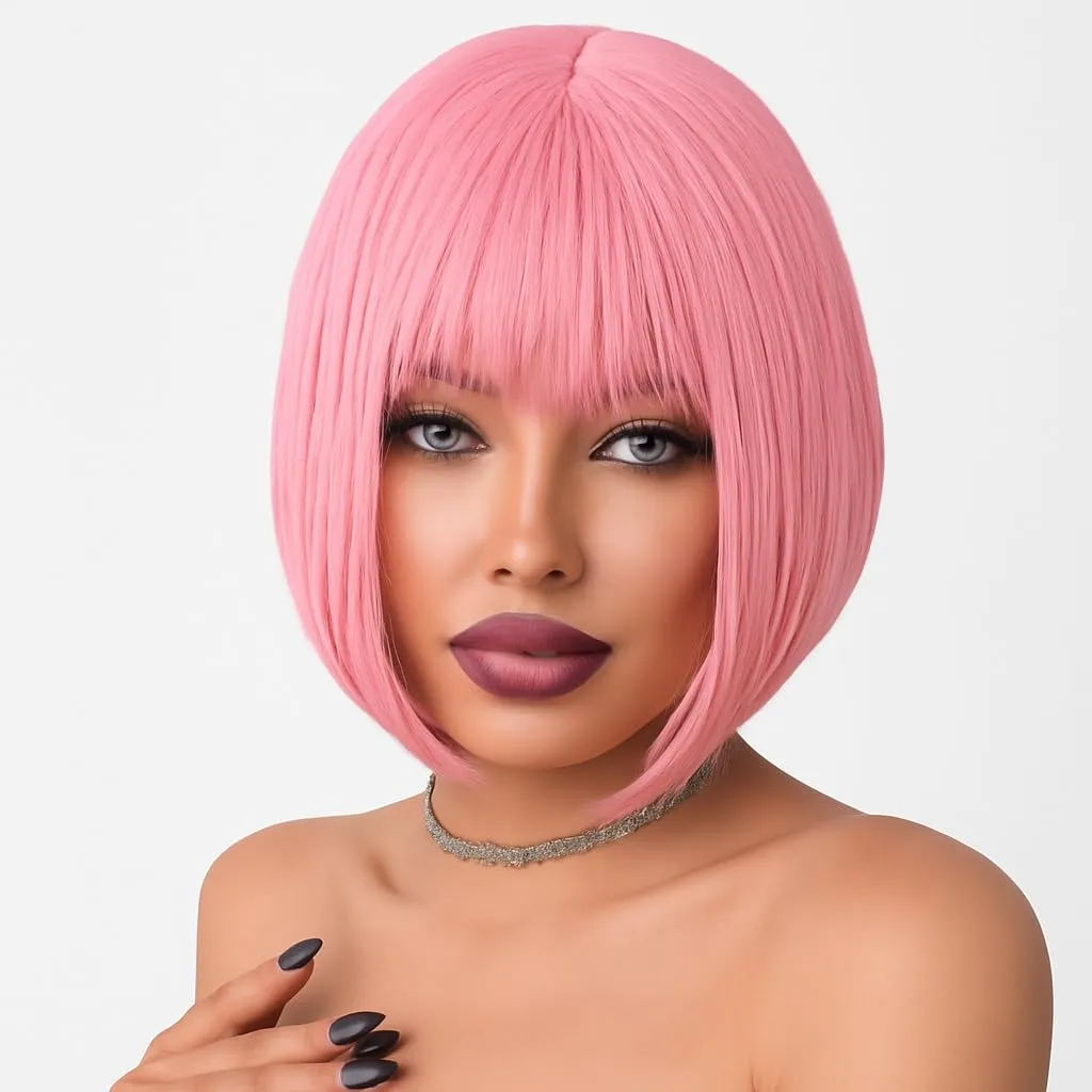Short Pink Bob Wig for Women Heat Resistant Synthetic Fiber Straight Hair with Bangs 10 Inch