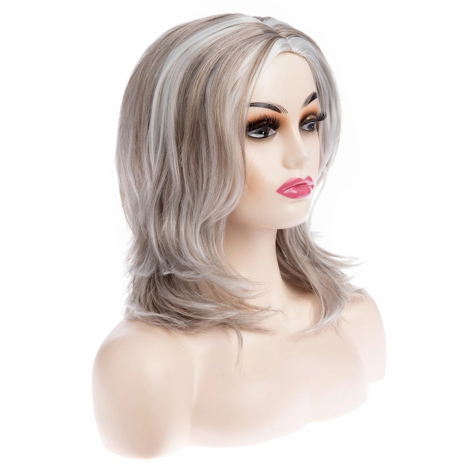 Short Wavy Wig for Women White Highlight Shoulder Length 14 Inches Synthetic Hair for Daily Party Use