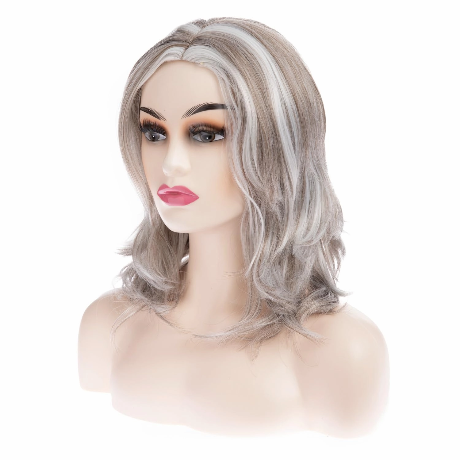 Short Wavy Wig for Women White Highlight Shoulder Length 14 Inches Synthetic Hair for Daily Party Use