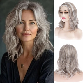 Short Wavy Wig for Women White Highlight Shoulder Length 14 Inches Synthetic Hair for Daily Party Use