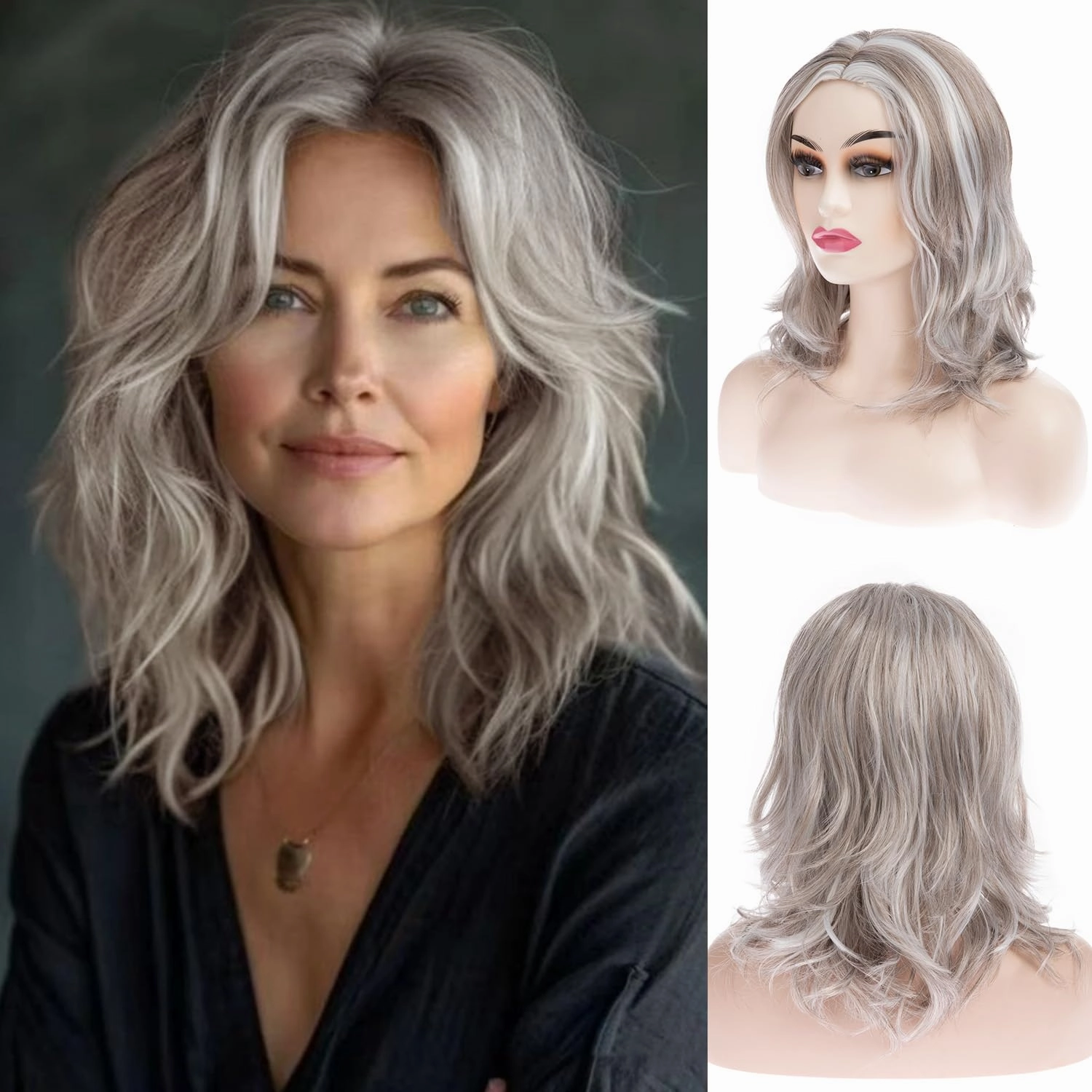 Short Wavy Wig for Women White Highlight Shoulder Length 14 Inches Synthetic Hair for Daily Party Use