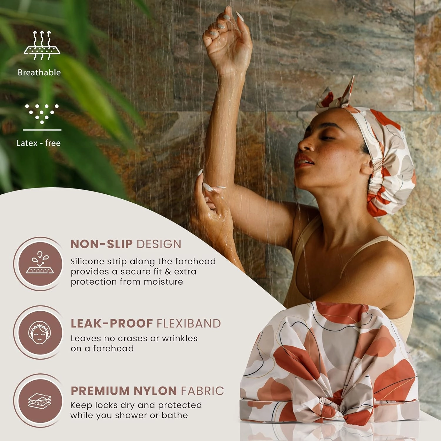 Shower Cap for Women Reusable Waterproof – Leakproof, Nonslip Hair Cap for Shower w/Comfy Flexiband – Soft, Breathable Shower Caps for Women – Shower Cap by SMPL OBJECTS (Shapes of beige)