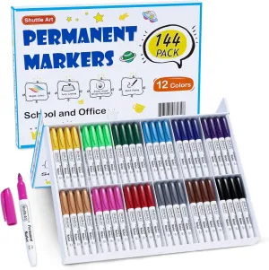 Shuttle Art 144 Pack Permanent Markers, Permanent Marker Assorted Colors, 12 Bright Colors Fine Point Permanent Markers For Kids and Adult Coloring on Wood, Stone, Glass as Office, School Supplies
