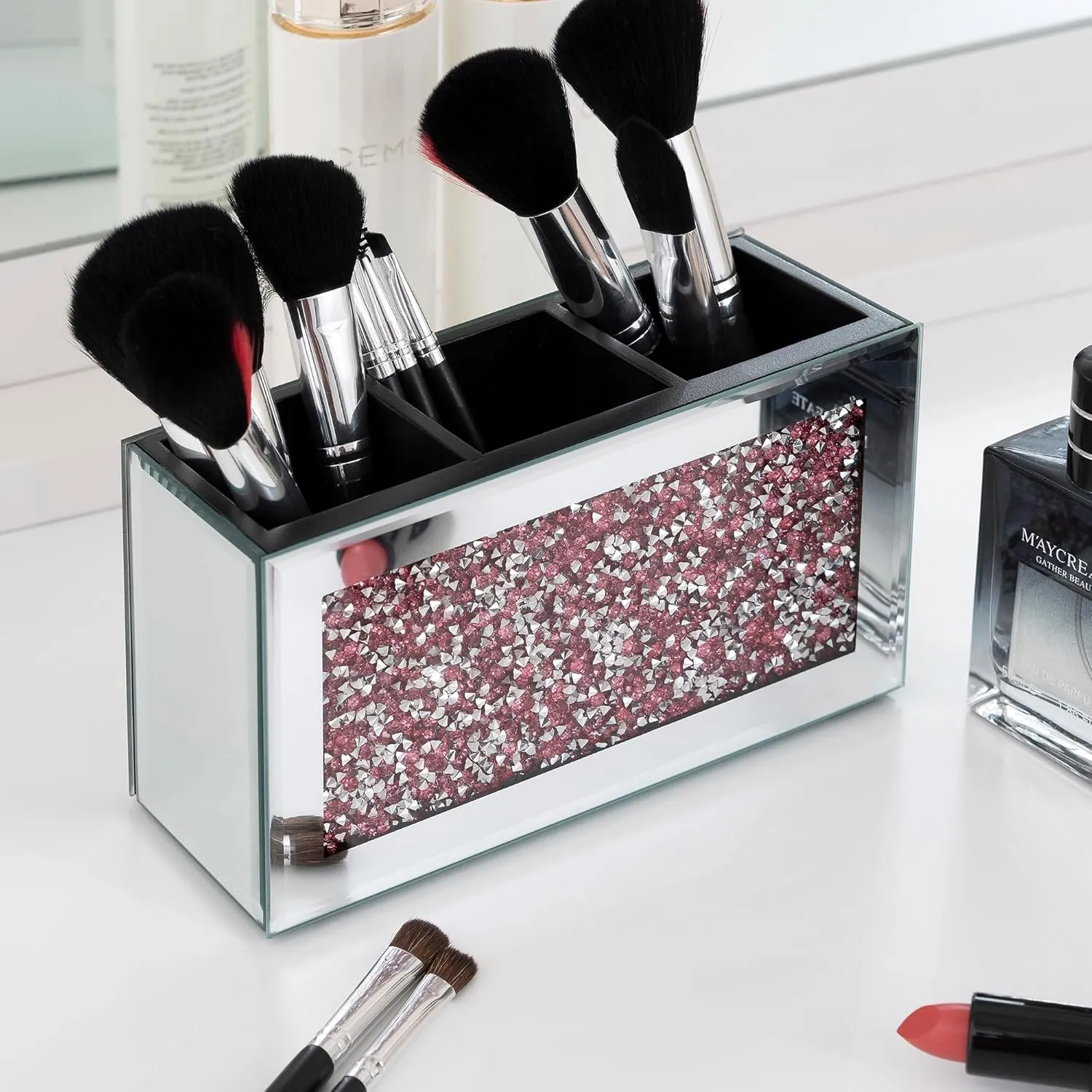 SHYFOY Mirrored Makeup Brush Holder Organizer, 3 Slots Glass Cosmetic Brushes Storage Holder with Pink Crushed Diamond, Pencil Pen Holder for Desk, Desk Organizer and Accessories for Vanity