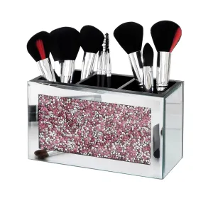 SHYFOY Mirrored Makeup Brush Holder Organizer, 3 Slots Glass Cosmetic Brushes Storage Holder with Pink Crushed Diamond, Pencil Pen Holder for Desk, Desk Organizer and Accessories for Vanity