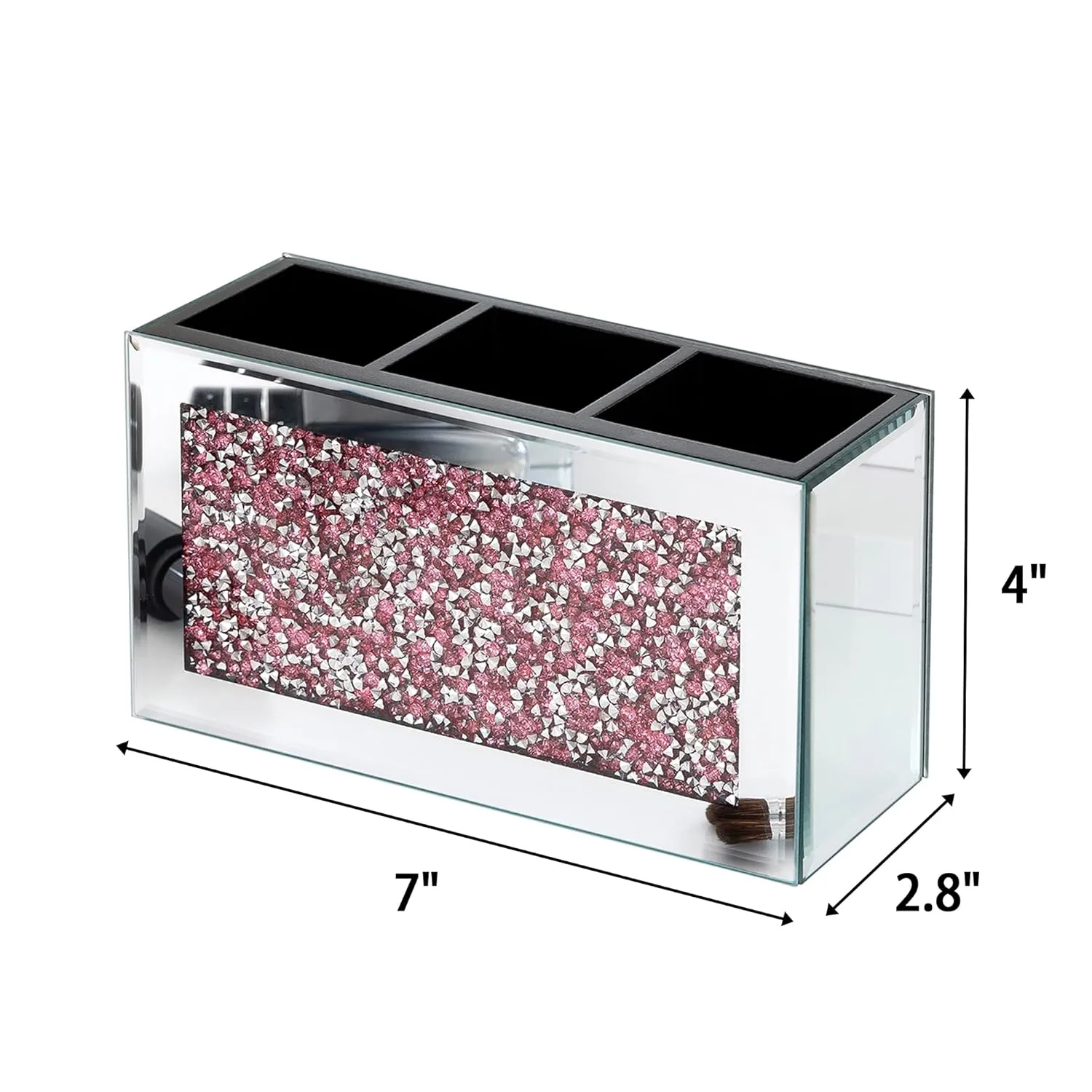 SHYFOY Mirrored Makeup Brush Holder Organizer, 3 Slots Glass Cosmetic Brushes Storage Holder with Pink Crushed Diamond, Pencil Pen Holder for Desk, Desk Organizer and Accessories for Vanity