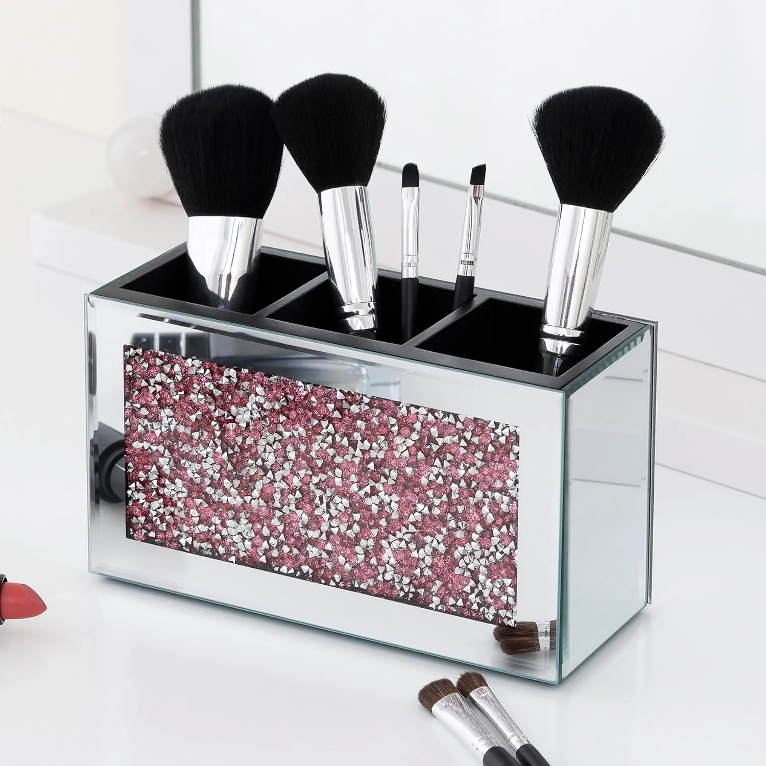 SHYFOY Mirrored Makeup Brush Holder Organizer, 3 Slots Glass Cosmetic Brushes Storage Holder with Pink Crushed Diamond, Pencil Pen Holder for Desk, Desk Organizer and Accessories for Vanity