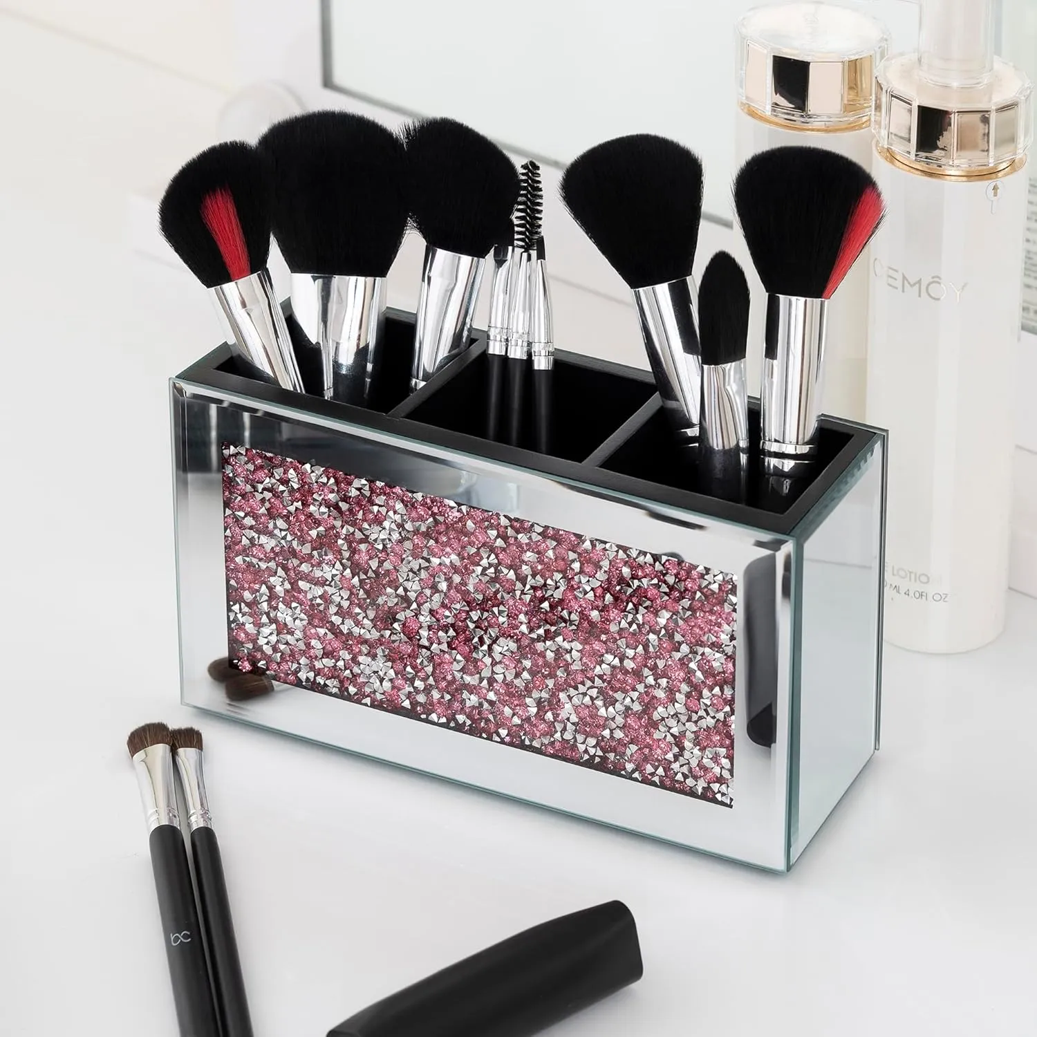 SHYFOY Mirrored Makeup Brush Holder Organizer, 3 Slots Glass Cosmetic Brushes Storage Holder with Pink Crushed Diamond, Pencil Pen Holder for Desk, Desk Organizer and Accessories for Vanity