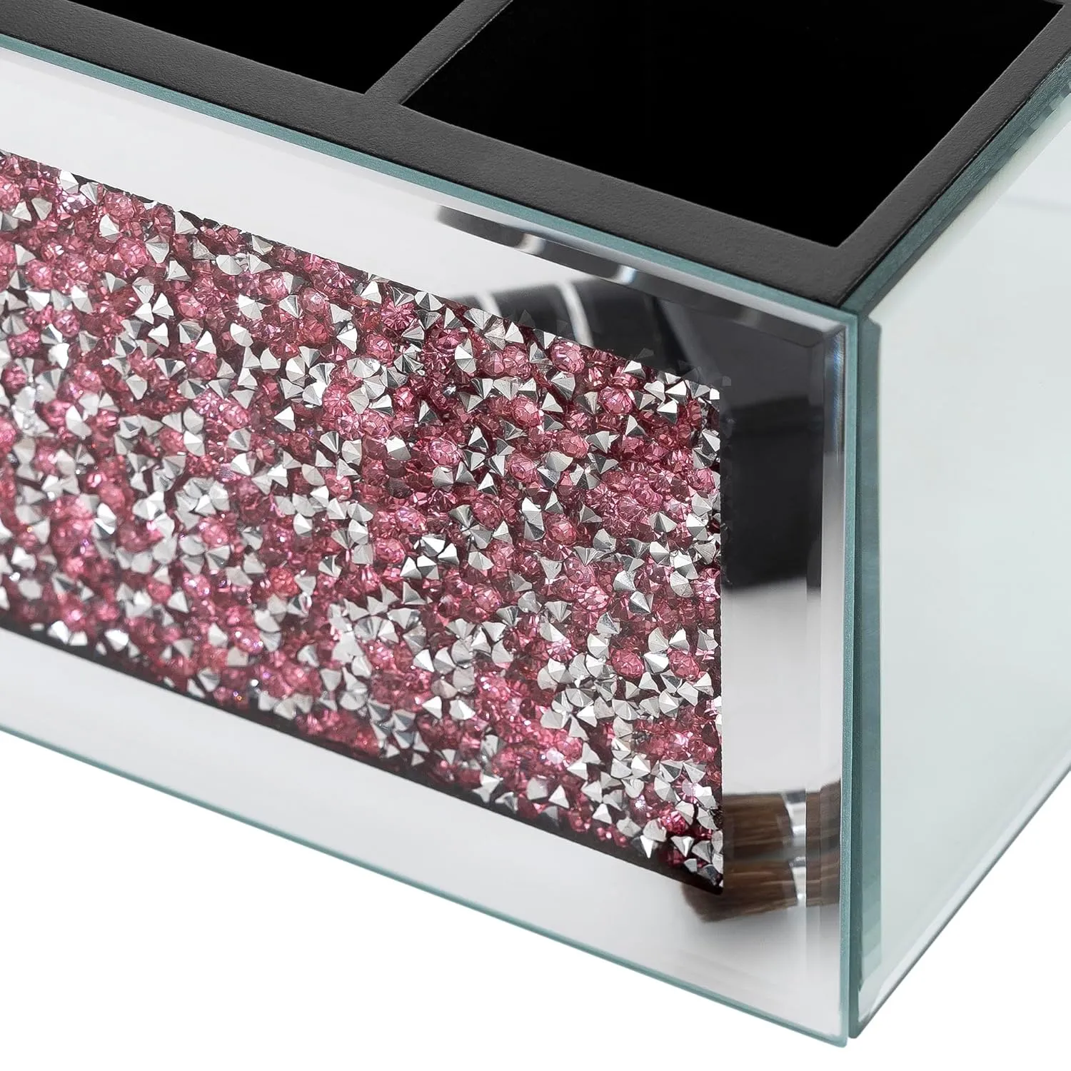 SHYFOY Mirrored Makeup Brush Holder Organizer, 3 Slots Glass Cosmetic Brushes Storage Holder with Pink Crushed Diamond, Pencil Pen Holder for Desk, Desk Organizer and Accessories for Vanity