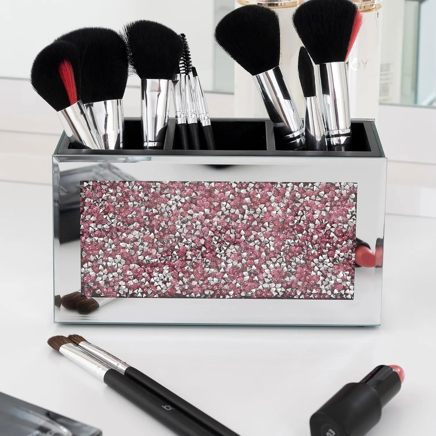 SHYFOY Mirrored Makeup Brush Holder Organizer, 3 Slots Glass Cosmetic Brushes Storage Holder with Pink Crushed Diamond, Pencil Pen Holder for Desk, Desk Organizer and Accessories for Vanity