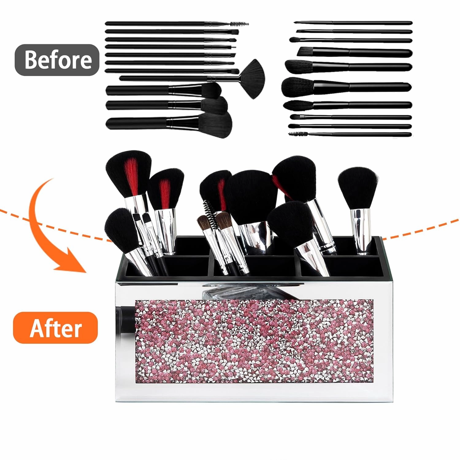SHYFOY Mirrored Makeup Brush Holder Organizer with Pink Crushed Diamond, 6 Slots Glass Makeup Cosmetics Brushes Organizers and Storage for Vanity Countertop