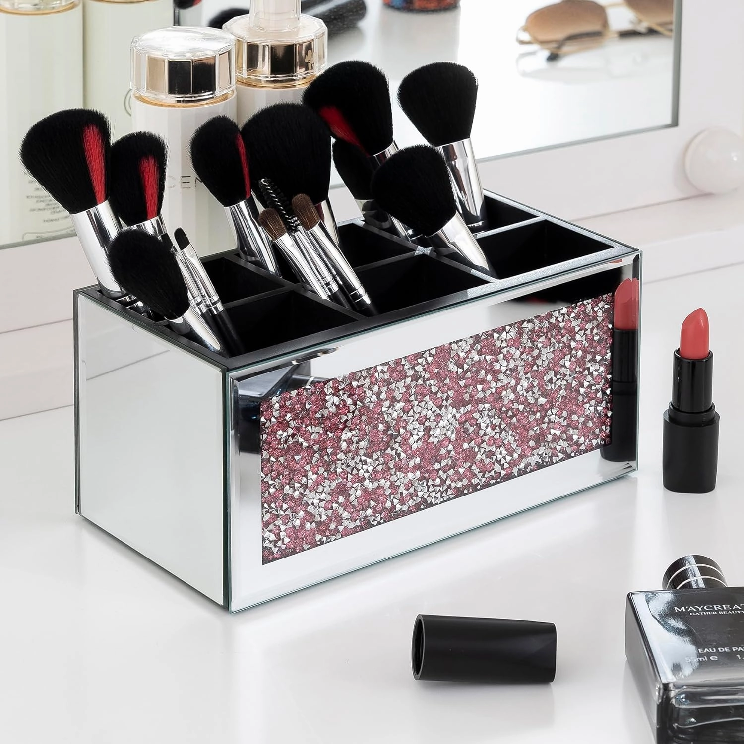 SHYFOY Mirrored Makeup Brush Holder Organizer with Pink Crushed Diamond, 6 Slots Glass Makeup Cosmetics Brushes Organizers and Storage for Vanity Countertop