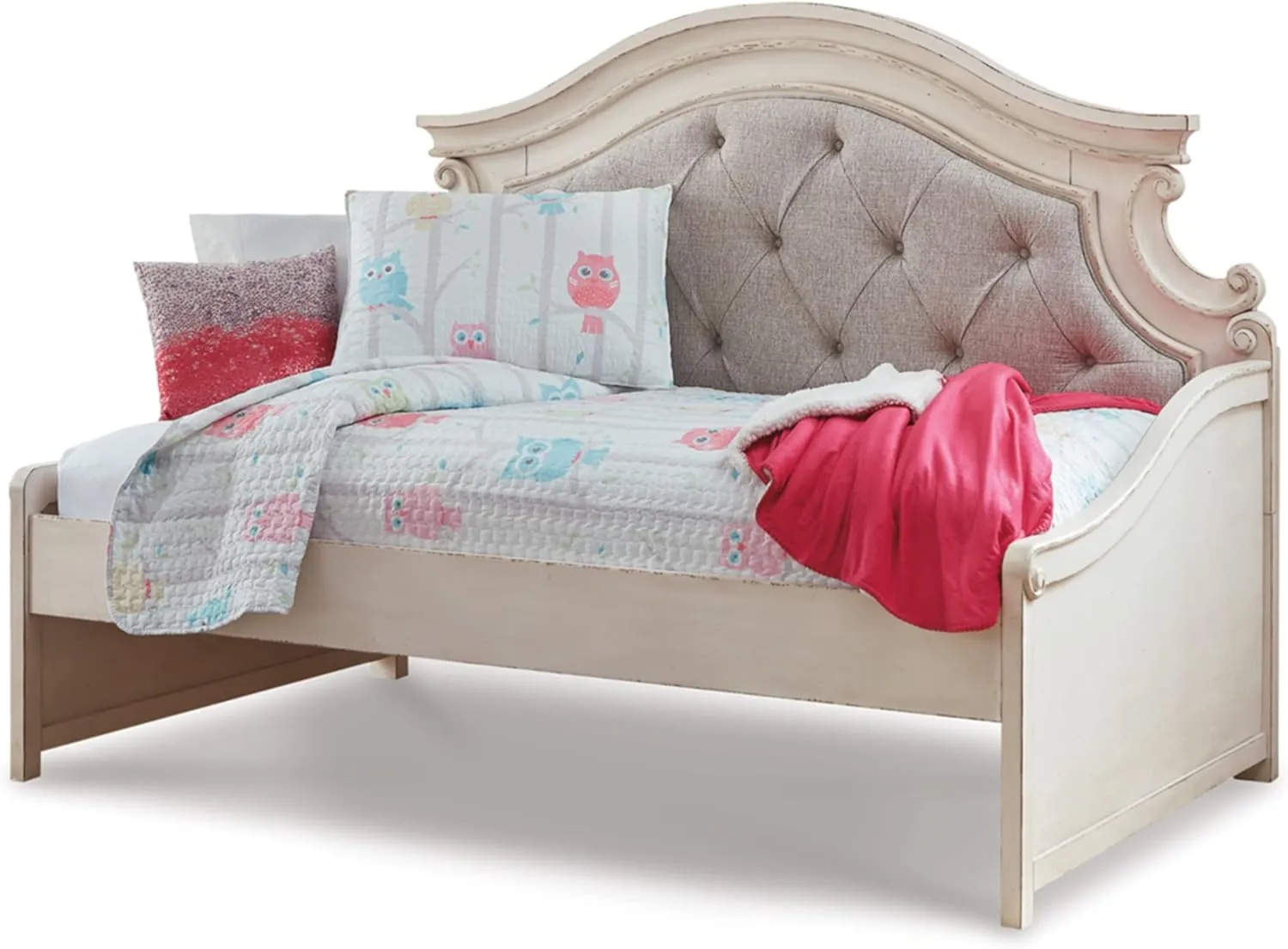 Signature Design by Ashley Realyn French Country Upholstered Tufted Day Bed, Twin, White & Beige