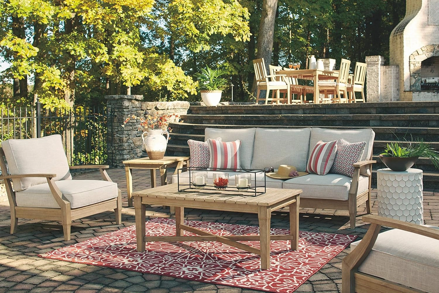 Signature Design by Ashley Clare View Coastal Outdoor Patio Eucalyptus Sofa with Cushions, Beige