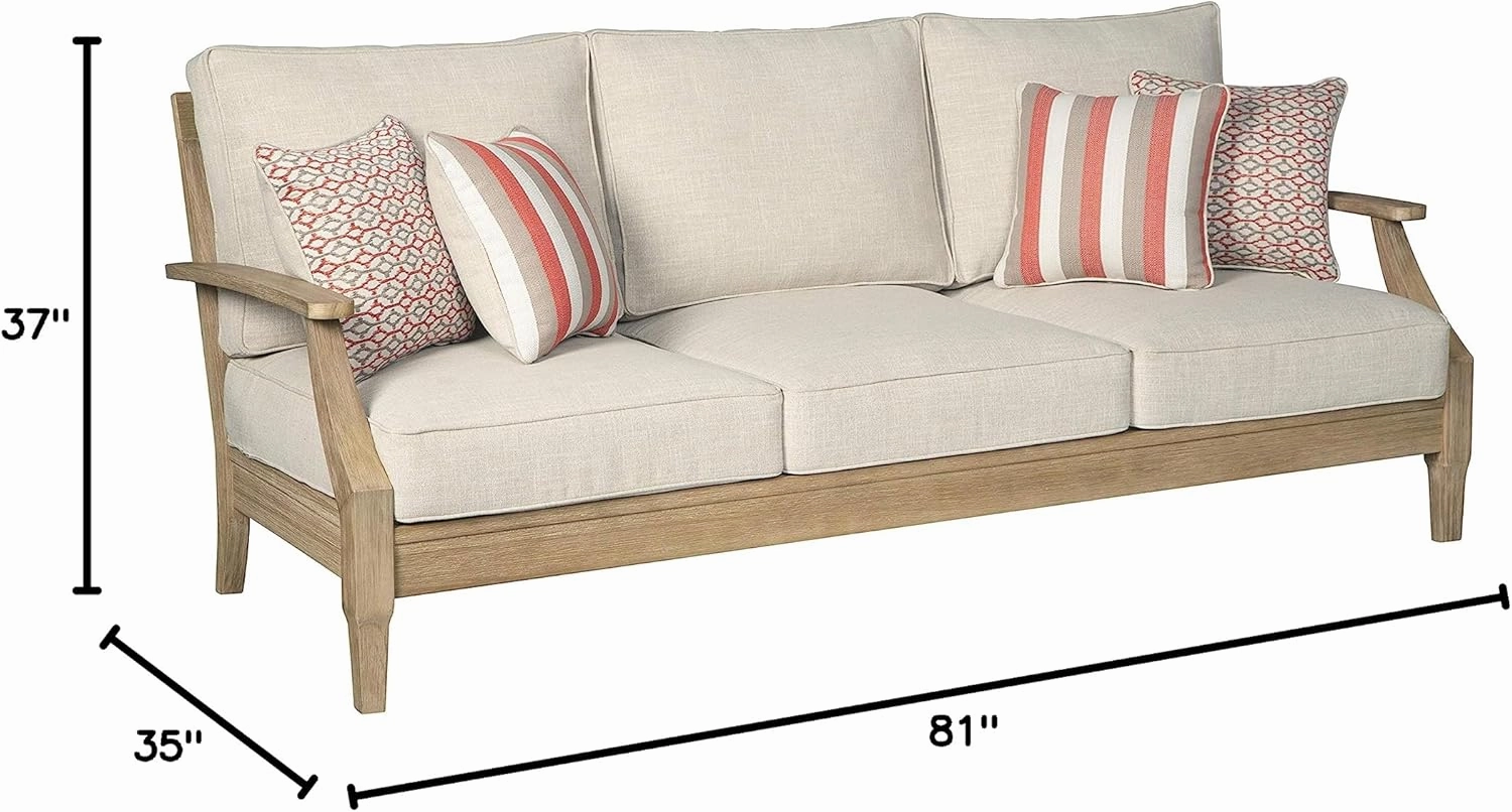 Signature Design by Ashley Clare View Coastal Outdoor Patio Eucalyptus Sofa with Cushions, Beige