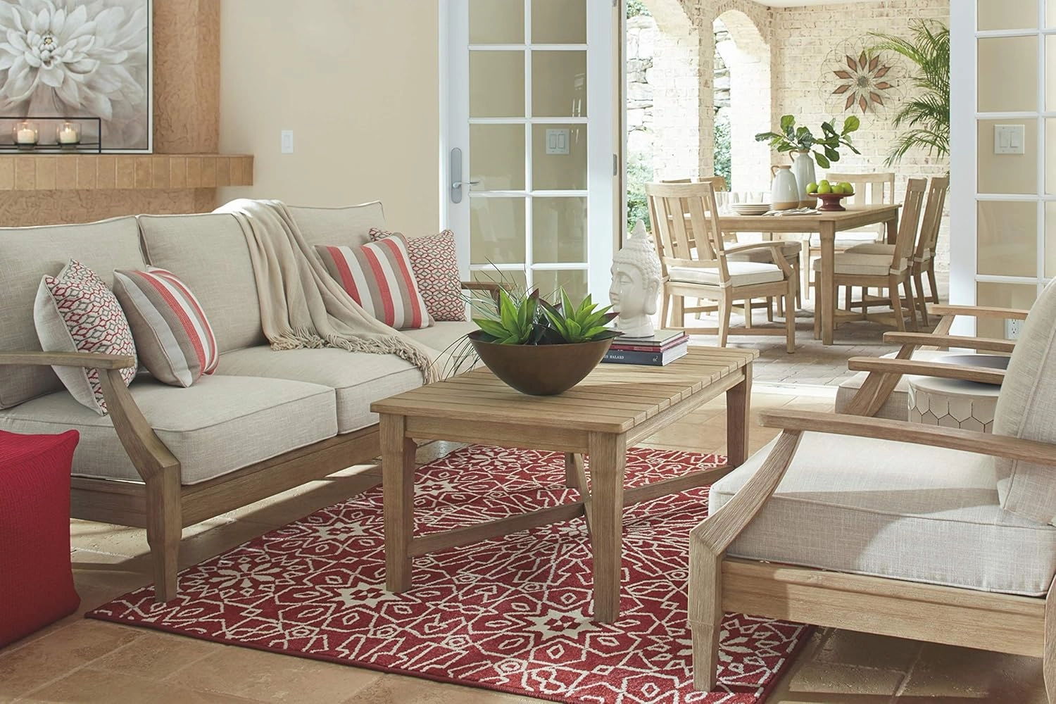 Signature Design by Ashley Clare View Coastal Outdoor Patio Eucalyptus Sofa with Cushions, Beige