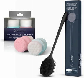 Silicone Back Scrubber (Black) & 2-Pack Face Scrubber (Pink & Blue) - Long Handle Body Brush for Shower & Exfoliation - Gentle Double-Sided Facial Cleansing Brushes - Complete Skincare Set