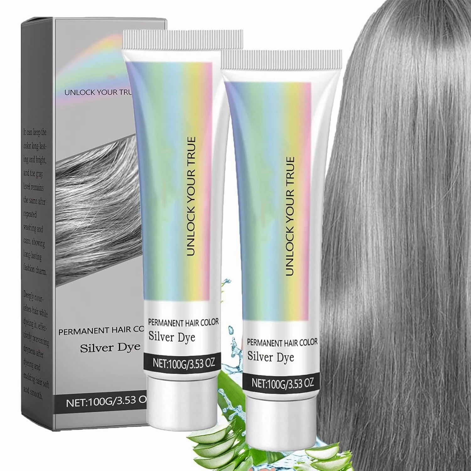 Silver Hair Dye, 2-In-1 Natural Essence Extract Silver Hair Dye, Silver Metallic Hair Dye, Silver Hair Dye For Dark Hair, Silver Hair Dye Permanent Hair Color. (2PCS)