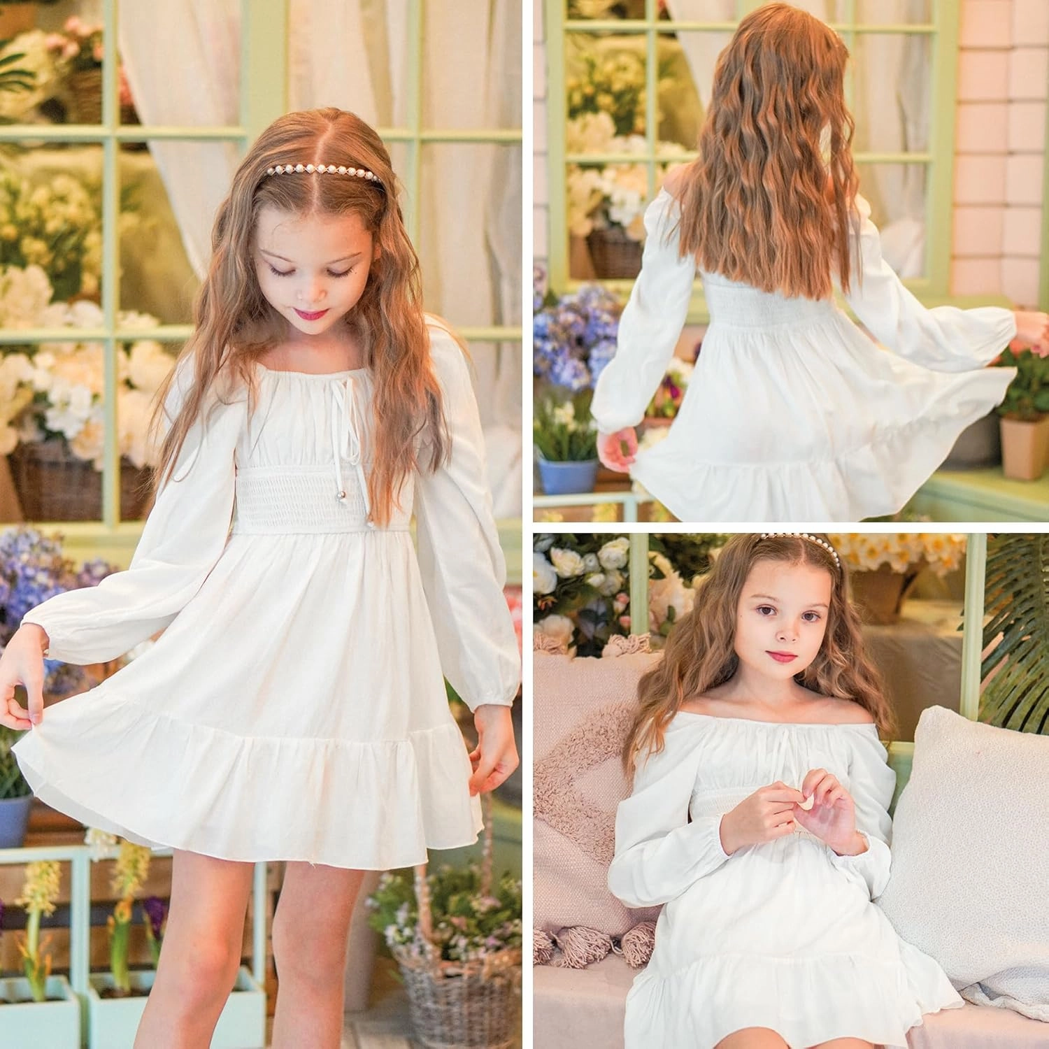 Simplee kids Girls Ruffle Tiered Smocked Puff Long Sleeve Dress White Size 4 to Size 15