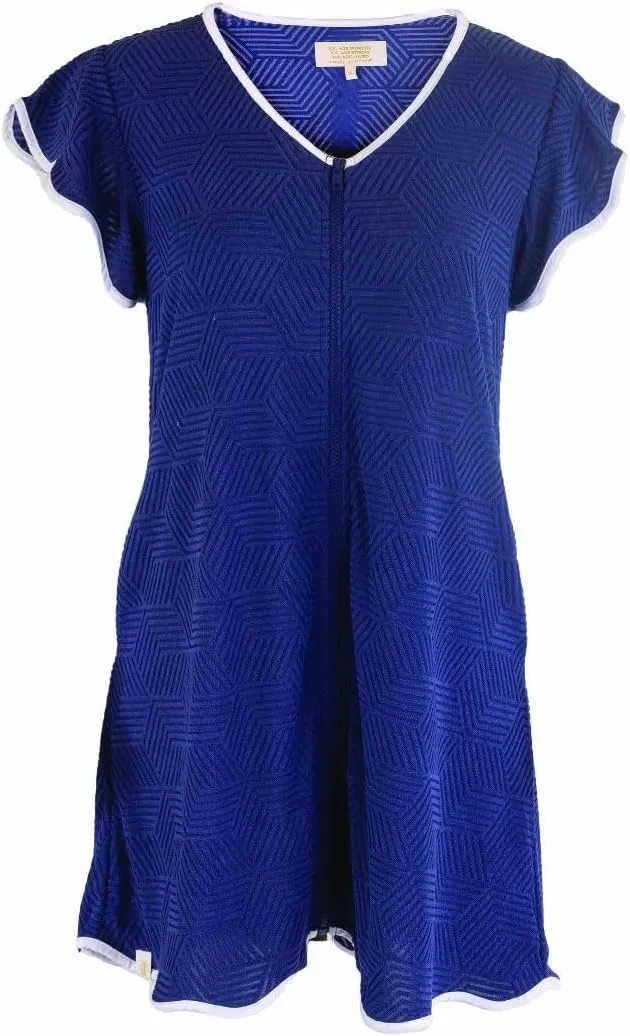 Simply Southern Women's Terry Zip-Front Coverup Dress, Short Sleeve V-Neck, Available in Navy and Hot Pink