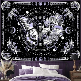 Skeleton Butterfly Tapestry Purple Skull Hippie Mushroom Plants Tapestry for Bedroom Moon phase Aesthetic Tapestries Wall Hanging for Living Room Dorm (68.00” x 90.00”, Purple)