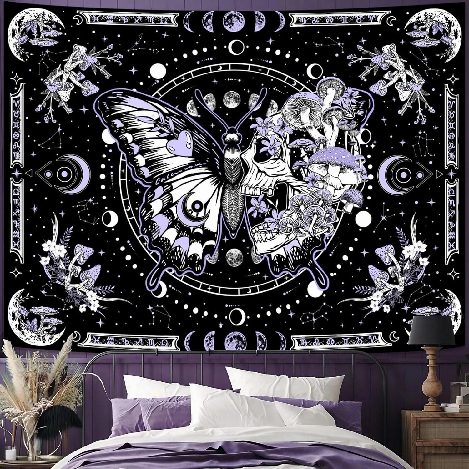 Skeleton Butterfly Tapestry Purple Skull Hippie Mushroom Plants Tapestry for Bedroom Moon phase Aesthetic Tapestries Wall Hanging for Living Room Dorm (68.00” x 90.00”, Purple)