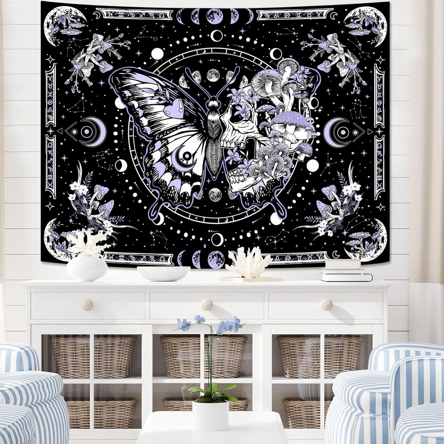 Skeleton Butterfly Tapestry Purple Skull Hippie Mushroom Plants Tapestry for Bedroom Moon phase Aesthetic Tapestries Wall Hanging for Living Room Dorm (68.00” x 90.00”, Purple)