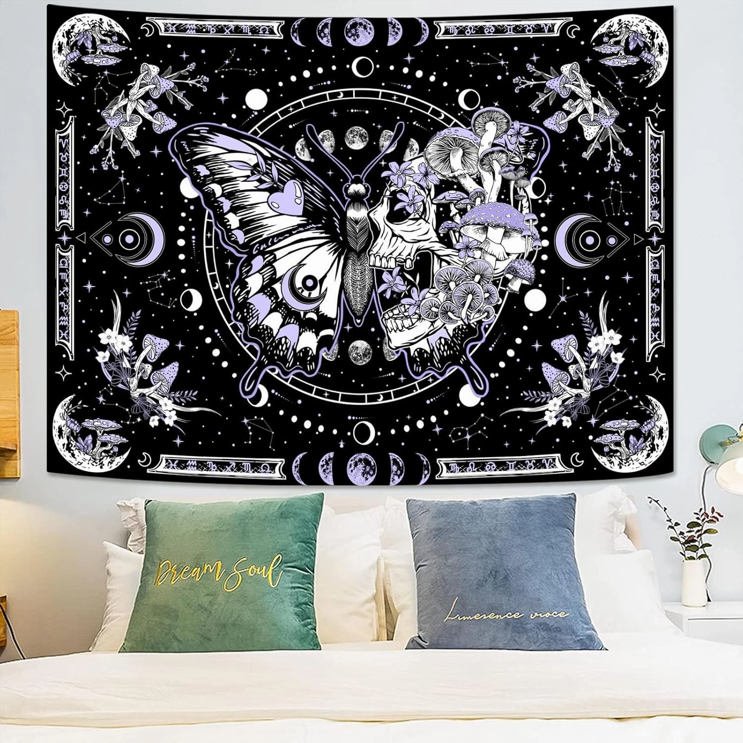 Skeleton Butterfly Tapestry Purple Skull Hippie Mushroom Plants Tapestry for Bedroom Moon phase Aesthetic Tapestries Wall Hanging for Living Room Dorm (68.00” x 90.00”, Purple)