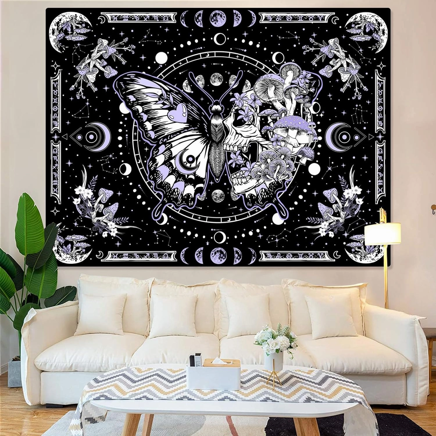 Skeleton Butterfly Tapestry Purple Skull Hippie Mushroom Plants Tapestry for Bedroom Moon phase Aesthetic Tapestries Wall Hanging for Living Room Dorm (68.00” x 90.00”, Purple)