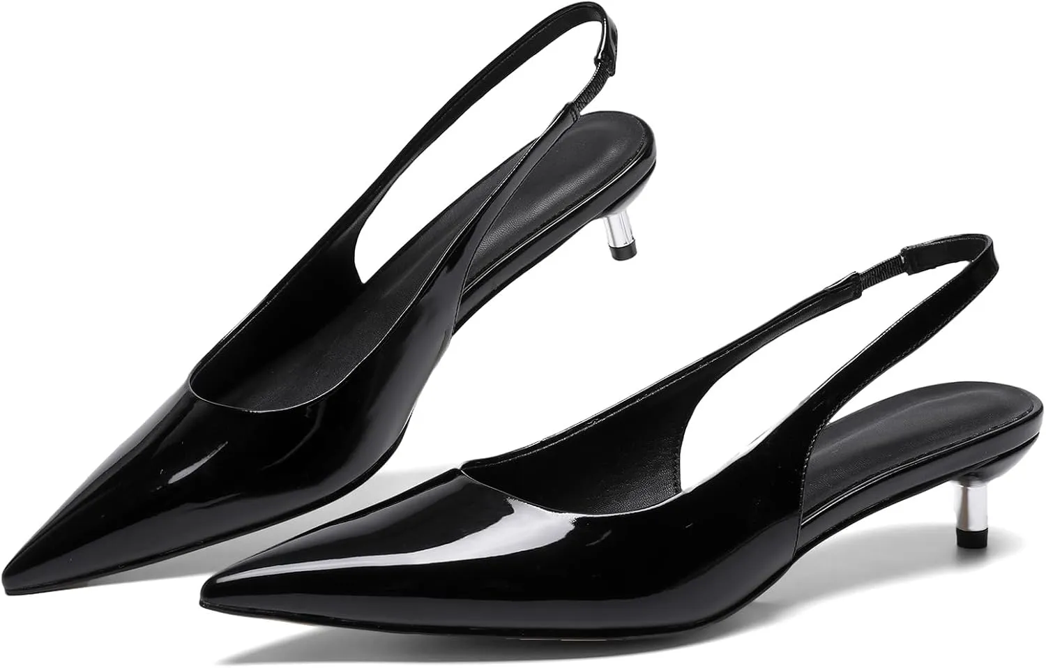 Slingback Kitten Heels for Women Pointed Toe Pumps Metallic Silver Heels
