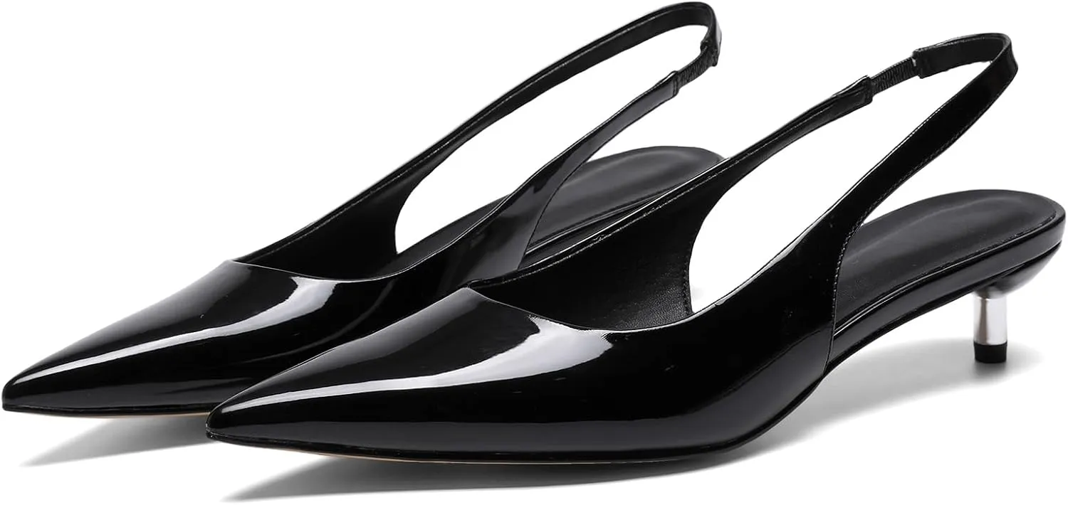 Slingback Kitten Heels for Women Pointed Toe Pumps Metallic Silver Heels