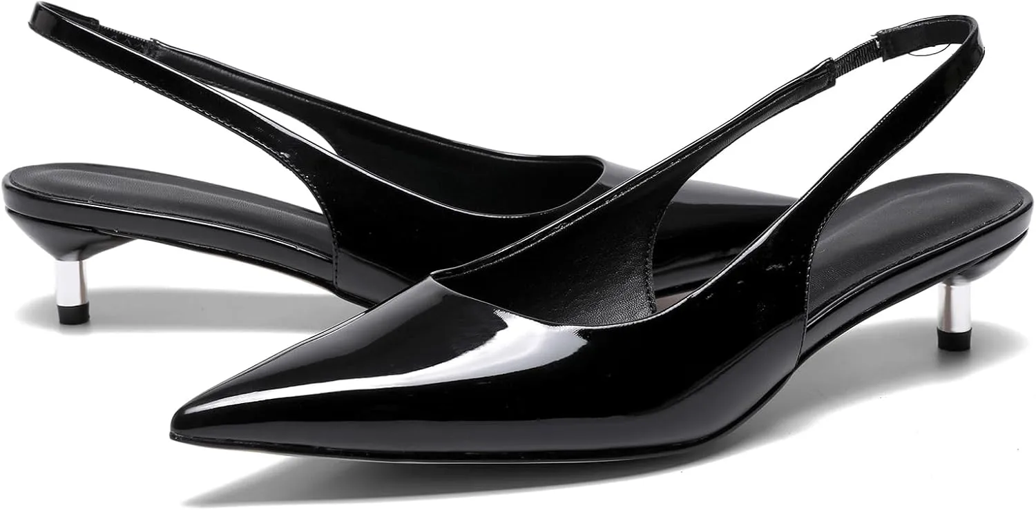 Slingback Kitten Heels for Women Pointed Toe Pumps Metallic Silver Heels