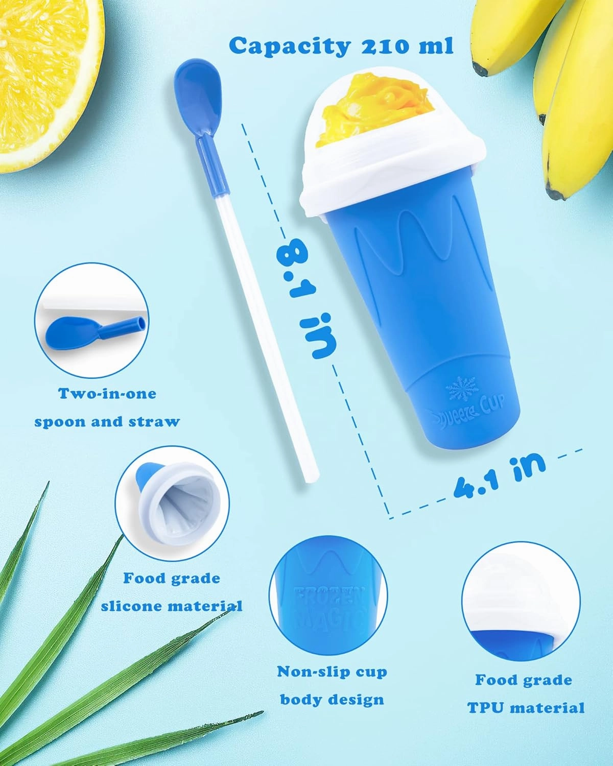 Slushy Cup 2 Pack - Frozen Magic Slushie Maker Set with Lid & Straw for Kids, Portable DIY Smoothie Cooling Cup for Family, Friends, Ideal for Juice Milk Ice Cream Making Fun (Blue and Pink)