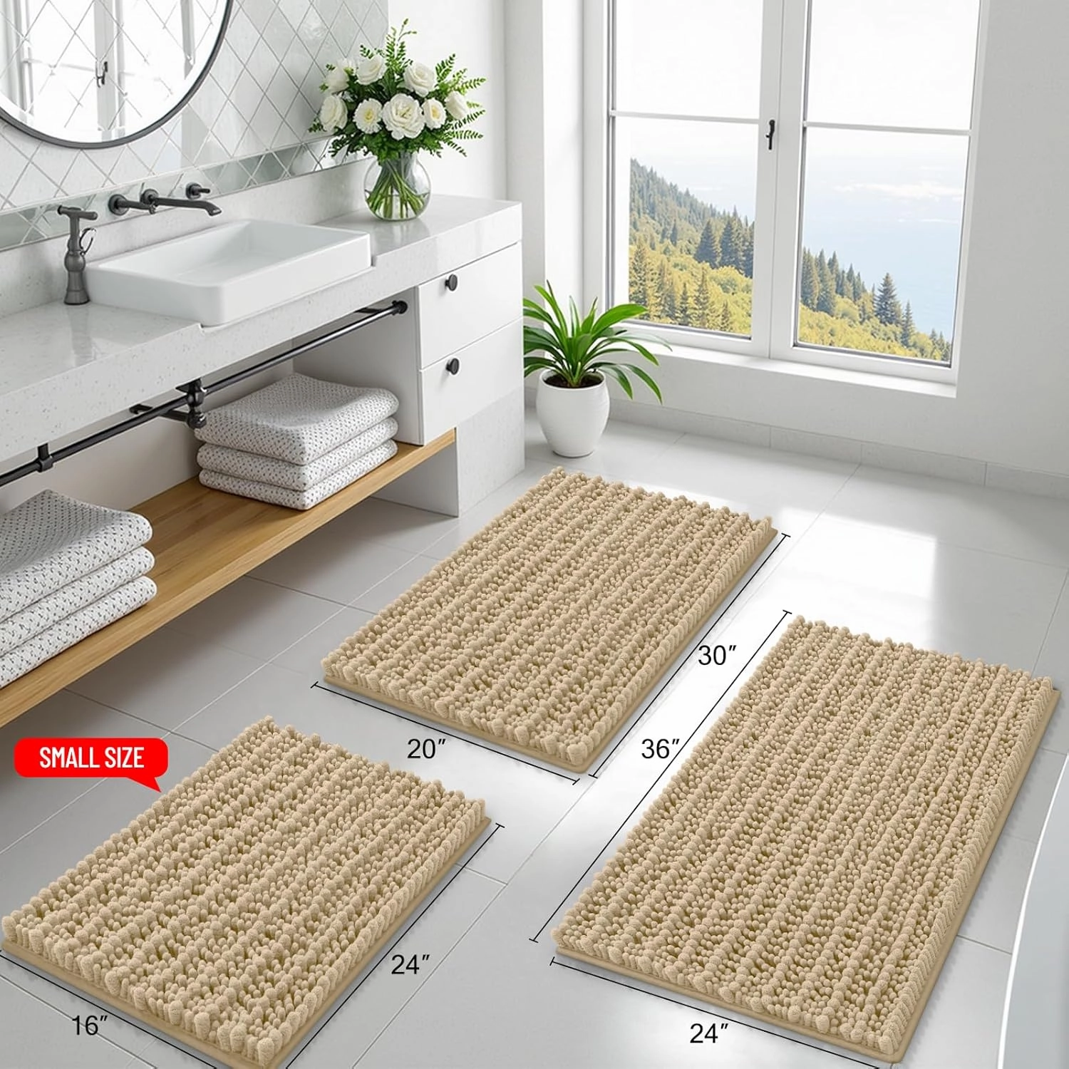 Smiry Bathroom Rugs Mat 30x20, Extra Soft Absorbent Chenille Bath Rugs, Non Slip Rubber Backing Machine Washable Quick Dry Bath Mats for Bathroom Floor, Tub, Shower, Home Decor Accessories, Beige