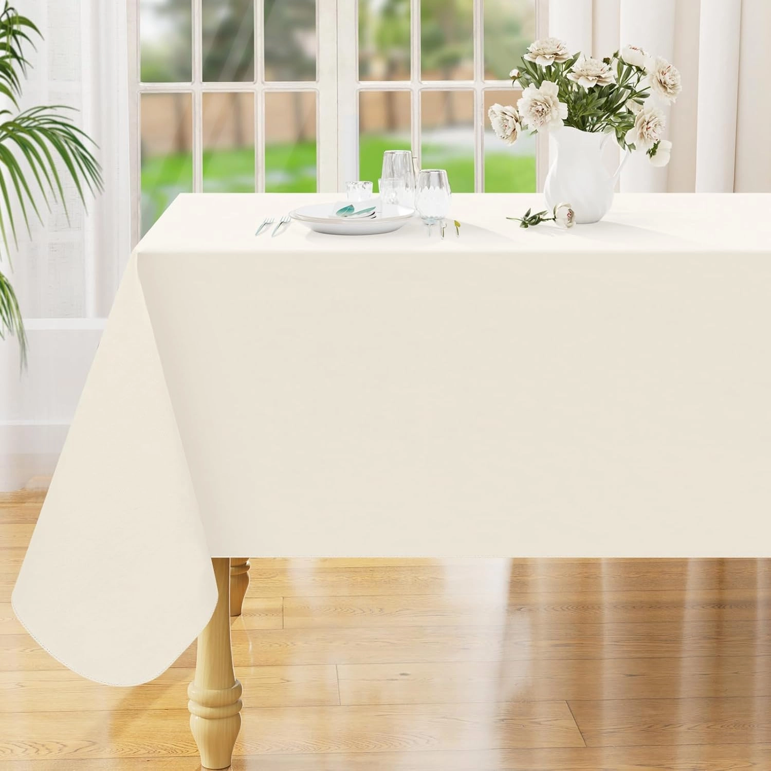 Smiry Rectangle Table Cloth 60x140 Inch, Waterproof Wipeable Vinyl Tablecloths Protector, Oil Spill Proof Plastic Table Cover for Dining, Picnic, Camping, Outdoor, Beige