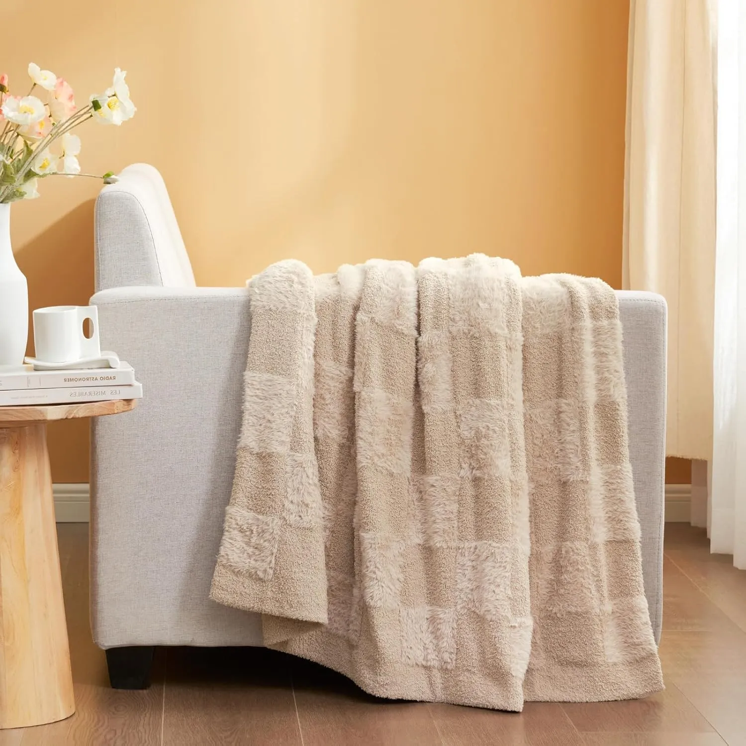 Snuggle Sac Checkered Throw Blanket Faux Fur Microfiber Blankets for Couch,Cozy Soft Warm Blanket for Sofa Bedroom Living Room,Solid Beige,50x60 inches