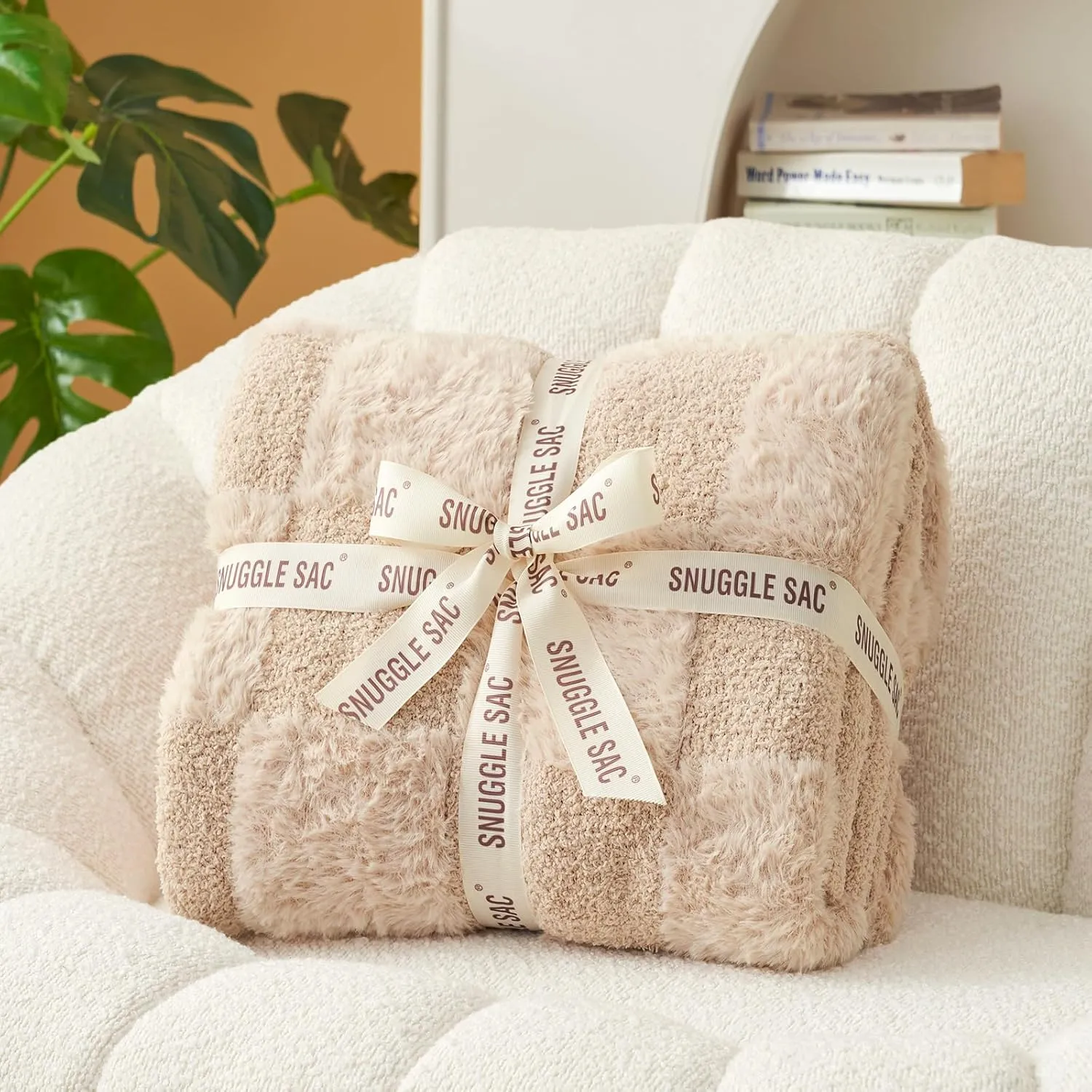 Snuggle Sac Checkered Throw Blanket Faux Fur Microfiber Blankets for Couch,Cozy Soft Warm Blanket for Sofa Bedroom Living Room,Solid Beige,50x60 inches