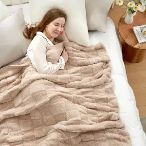 Snuggle Sac Checkered Throw Blanket Faux Fur Microfiber Blankets for Couch,Cozy Soft Warm Blanket for Sofa Bedroom Living Room,Solid Beige,50x60 inches