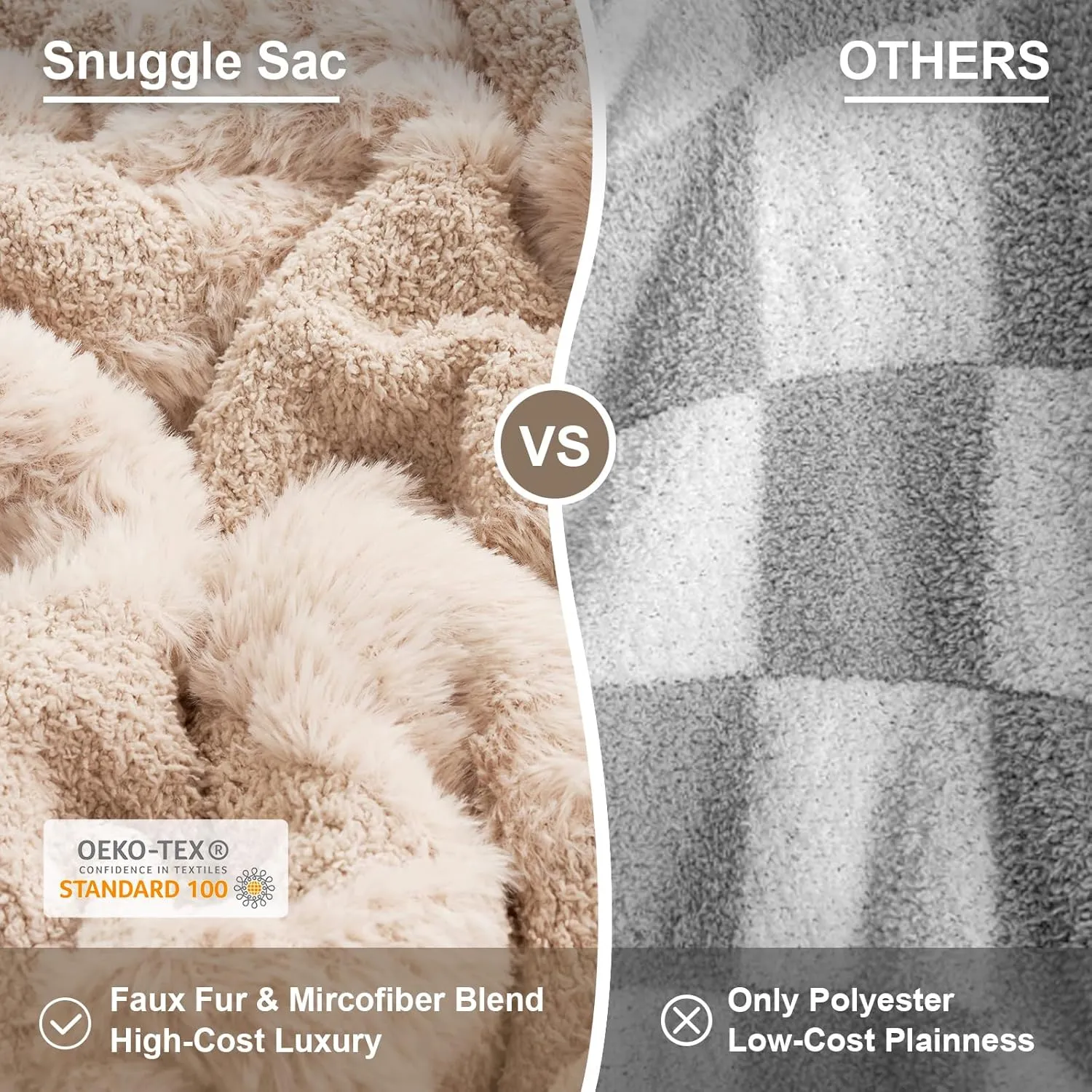 Snuggle Sac Checkered Throw Blanket Faux Fur Microfiber Blankets for Couch,Cozy Soft Warm Blanket for Sofa Bedroom Living Room,Solid Beige,50x60 inches