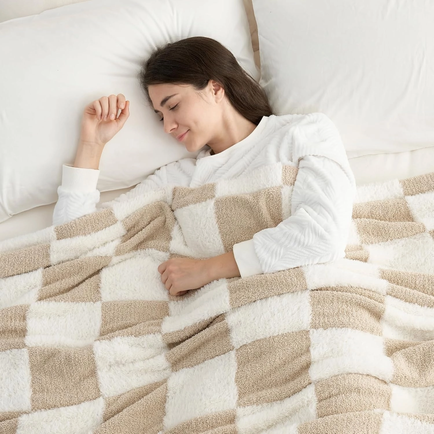 Snuggle Sac Checkered Throw Blanket Faux Fur Microfiber Blankets for Couch,Cozy Soft Warm Blanket for Sofa Bedroom Living Room,Beige Checker,50x60 inches