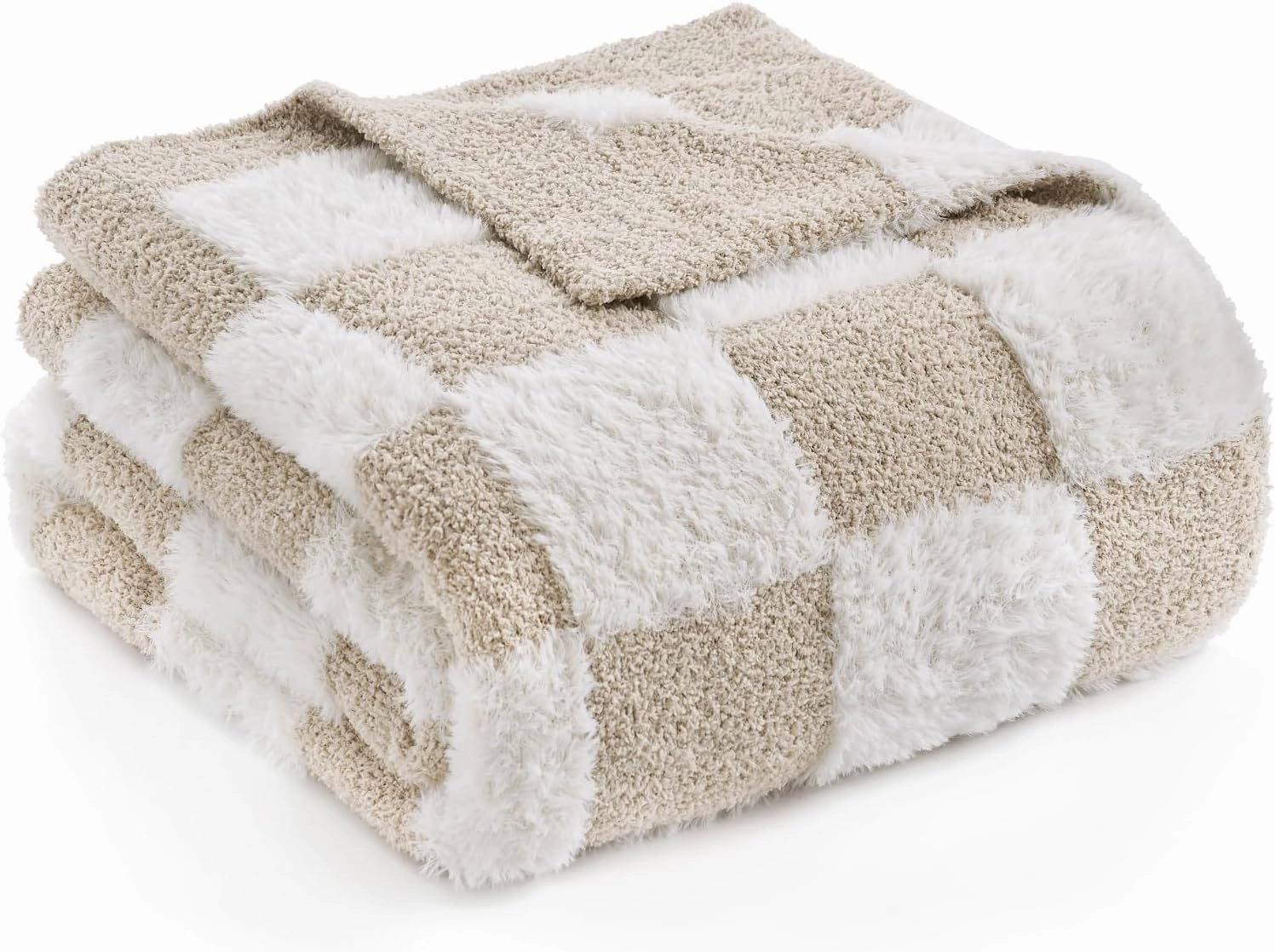 Snuggle Sac Checkered Throw Blanket Faux Fur Microfiber Blankets for Couch,Cozy Soft Warm Blanket for Sofa Bedroom Living Room,Beige Checker,50x60 inches