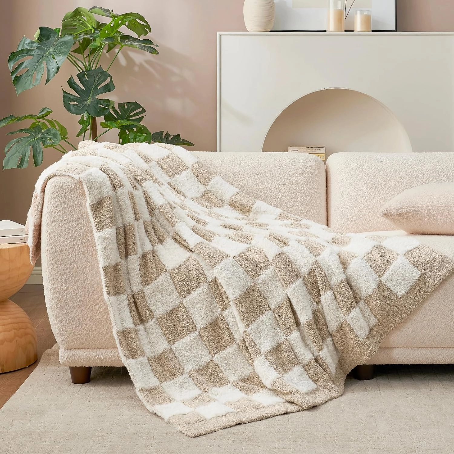 Snuggle Sac Checkered Throw Blanket Faux Fur Microfiber Blankets for Couch,Cozy Soft Warm Blanket for Sofa Bedroom Living Room,Beige Checker,50x60 inches