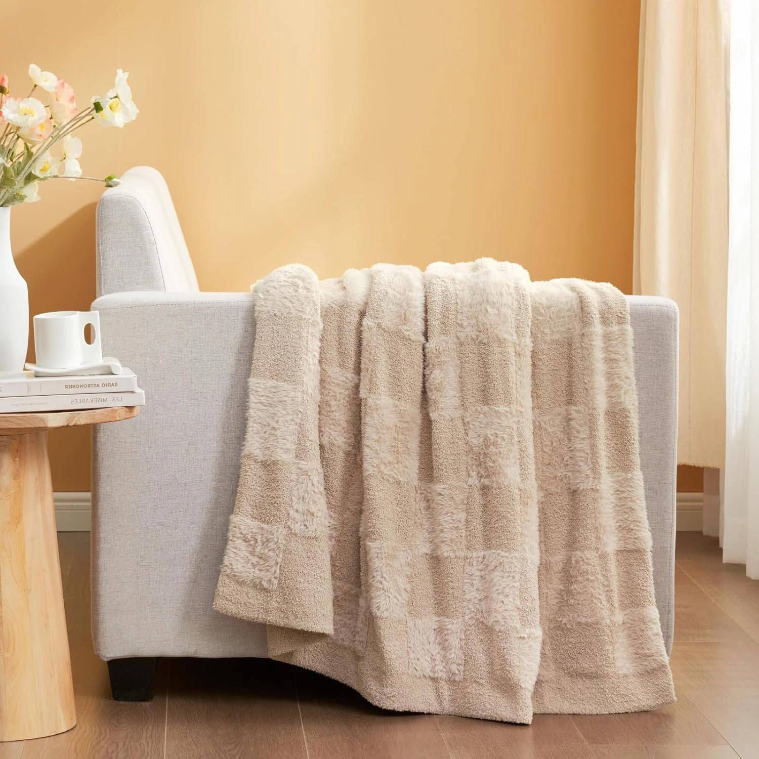 Snuggle Sac Checkered Throw Blanket Faux Fur Microfiber Blankets for Couch,Cozy Soft Warm Blanket for Sofa Bedroom Living Room,Solid Beige,50x60 inches