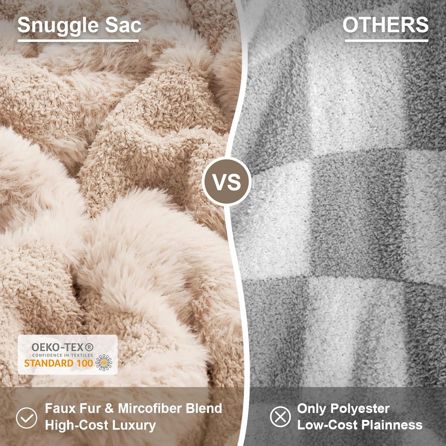 Snuggle Sac Checkered Throw Blanket Faux Fur Microfiber Blankets for Couch,Cozy Soft Warm Blanket for Sofa Bedroom Living Room,Solid Beige,50x60 inches