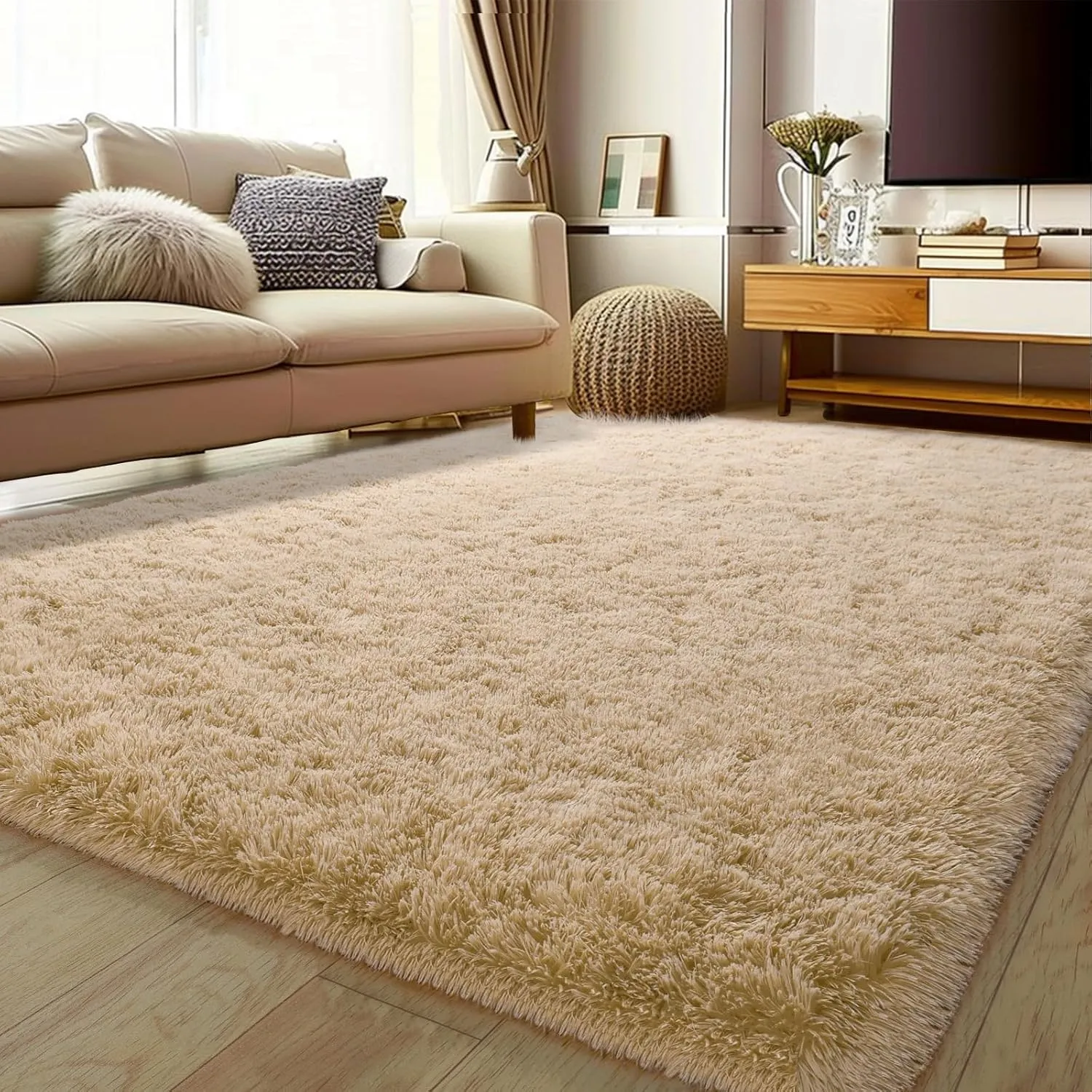 Soft Shag Rugs for Bedroom, 4x6 Beige Fluffy Shaggy Rugs for Living Room Nursery, Luxury Modern Plush Carpet Girls Boys Kids Room Dorm Indoor Home Decor, Upgrade Non-Slip